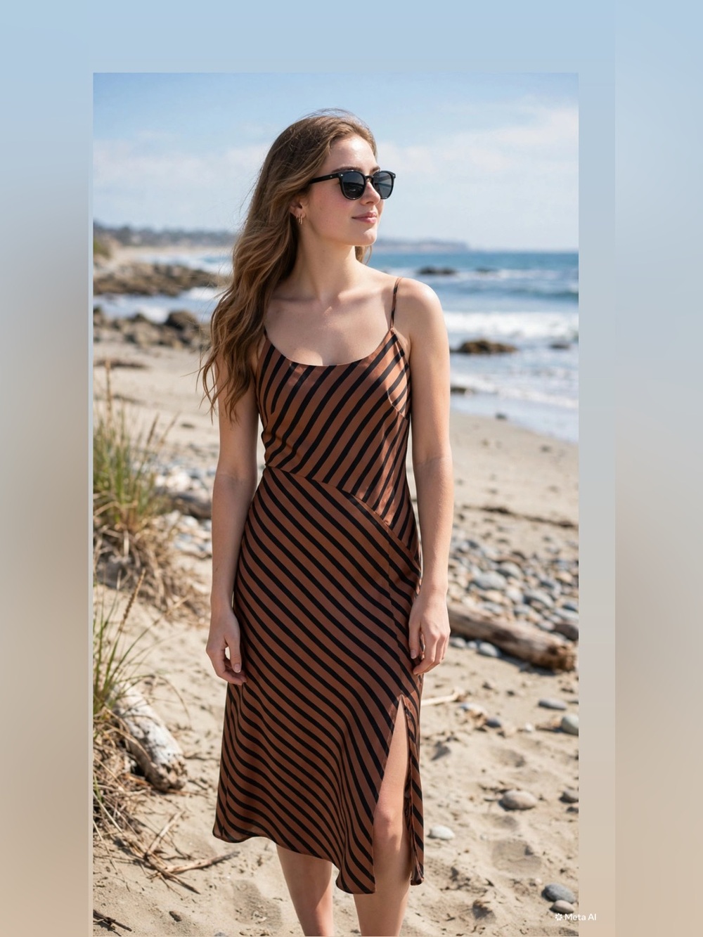 Slip Asymmetric Dress Black Brown Stripes Small
